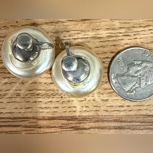 Faux Pearl Vintage Silver and Cream Button Earrings with Screw Back